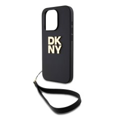 DKNY Zadní Kryt PU Leather Stack Logo Wrist Strap pro iPhone 15 Pro Black