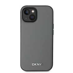 DKNY Zadní Kryt PU Leather Silver Metal Logo Magsafe pro iPhone 13 šedý