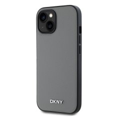 DKNY Zadní Kryt PU Leather Silver Metal Logo Magsafe pro iPhone 14 Grey