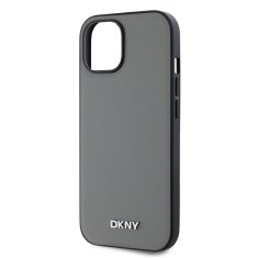 DKNY Zadní Kryt PU Leather Silver Metal Logo Magsafe pro iPhone 14 Grey