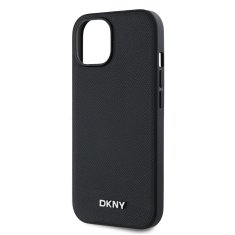DKNY Zadní Kryt PU Leather Silver Metal Logo Magsafe pro iPhone 13 černý