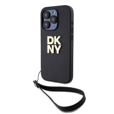 DKNY Zadní Kryt PU Leather Stack Logo Wrist Strap pro iPhone 15 Pro Black