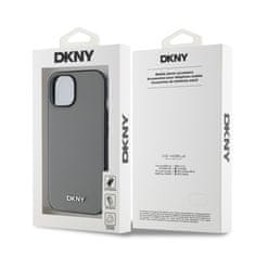 DKNY Zadní Kryt PU Leather Silver Metal Logo Magsafe pro iPhone 15 šedý