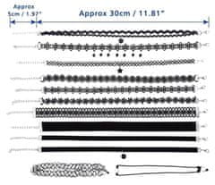 Camerazar Sada 12 Krajkových Náhrdelníků Choker v Černé Barvě s Možností Nastavení Délky a Stříbrnými a Zlatými Nástavci