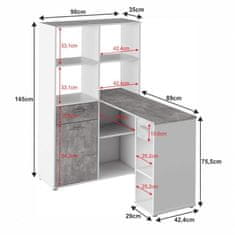 ATAN Rohový PC stůl MINESON s regálem - bílá/beton