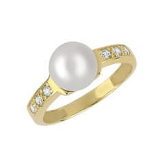 Brilio Půvabný prsten ze žlutého zlata s krystaly a pravou perlou 225 001 00237 (Obvod 54 mm)