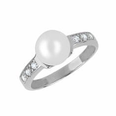 Půvabný prsten z bílého zlata s krystaly a pravou perlou 225 001 00237 07 (Obvod 58 mm)
