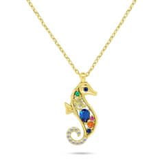Brilio Silver Pozlacený náhrdelník Mořský koník s barevnými zirkony NCL161YRBW