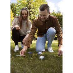 Kruzzel Sada 6 chromových kuliček pro hru Boule s nylonovým pouzdrem a dřevěnou koulí, průměr 7,3 cm