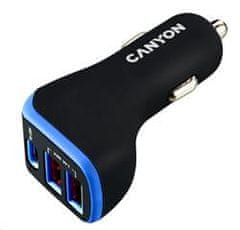 Canyon auto nabíječka C-08, 1xUSB-C (PD 18W) + 2xUSB-A, vstup 12V-24V,výstup 5V-2.4A, Smart IC,CE,RoHS - černo fialová