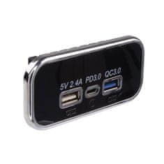 Stualarm USB 2.4A + QC3.0 + USB-C PD zásuvka 12/24V, chromový rámeček (34678.3)