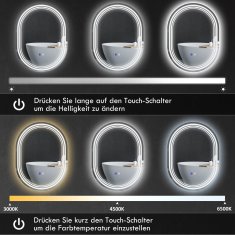 KLEANKIN Led Koupelnové Zrcadlo S Osvětlením 70X50Cm Dotykový Vypínač, 3 Barvy Světla, Antifog, Paměť, Ip44, Horizontální/Vertikální 