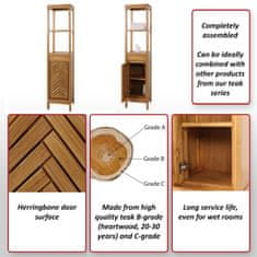 MCW Vysoká skříňka z teakového dřeva M74, koupelnová skříňka, 1 dvířka 4 přihrádky, kvalitní teakové dřevo třídy B (jádrové dřevo, 20-30 let) 181x40x35cm