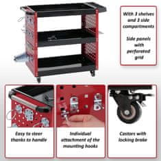 MCW Vozík na nářadí M26, dílenský vozík, kolečka, rukojeť, 3 police, děrovaný rošt, ocel 73x90x35cm, červená barva