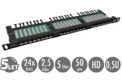 Solarix 19" patch panel 24xRJ45 CAT5E UTP s vyvazovací lištou černý 0,5U SX24HD-5E-UTP-BK