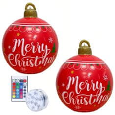 Netscroll 2x Velká červená vánoční koule s nápisem Veselé Vánoce, se světlem a dálkovým ovladačem, nafukovací vánoční koule červené barvy, velikost 60 cm, venkovní/vnitřní vánoční dekorace, BallDecor