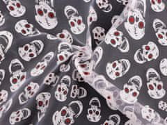 Kraftika 1m bílá organza halloween / lebky s glitry, metráž, šifon