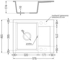 Mexen Enzo granitový dřez 1-mísa dřez s vypouštěním krátký odkapávač 576x465 mm, černá / stříbrná metalíza (6506571005-73)