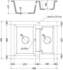 Mexen Carlos s granitový dřez 1.5 582 x 475 mm, bílá, + černý sifon (6518581500-20-B)