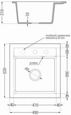Mexen Vito granitový dřez 1-miska 520x490 mm, béžová,+ černý sifon (6503521000-69-B)