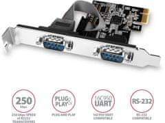 AXAGON PCEA-S2N, PCIe řadič - 2x sériový port (RS232) 250 kbps, vč. LP