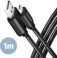 AXAGON kabel USB-A - micro USB2.0 HQ, 2.4A, opletený, 1m, černá