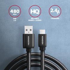 AXAGON kabel USB-A - micro USB2.0 HQ, 2.4A, opletený, 1m, černá