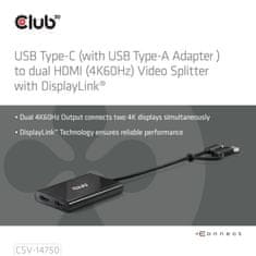 Club 3D Video rozbočovač USB-C/A na 2xHDMI 2.0, Dual Monitor, 4K60Hz (M/F) CSV-1475