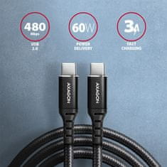 AXAGON kabel USB-C - USB-C, USB 2.0, PD 60W 3A, ALU, opletený, 2m, černá