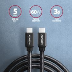 AXAGON kabel USB-C - USB-C SPEED USB3.2 Gen 1, PD60W 3A, opletený, 3m, černá