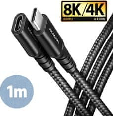 AXAGON kabel prodlužovací USB-C(M) - USB-C(F), USB 20Gbps, PD 240W 5A, 8K HD, ALU, oplet, 1m, černá