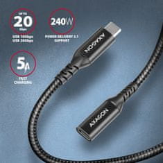 AXAGON kabel prodlužovací USB-C(M) - USB-C(F), USB 20Gbps, PD 240W 5A, 8K HD, ALU, oplet, 1m, černá