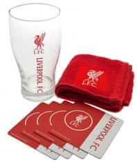 CurePink Bar set sklenice s tácky a ručníkem FC Liverpool: Wordmark (objem 470 ml)