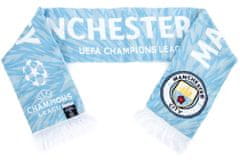 CurePink Pletená fan šála FC Manchester City: Klubový znak a UCL Logo (138 x 19 cm)