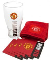 CurePink Bar set sklenice s tácky a ručníkem FC Manchester United: Wordmark (objem 470 ml)