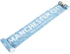 CurePink Pletená fan šála FC Manchester City: Klubový znak a UCL Logo (138 x 19 cm)