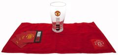 CurePink Bar set sklenice s tácky a ručníkem FC Manchester United: Wordmark (objem 470 ml)