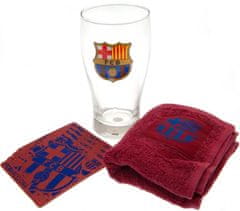 CurePink Bar set sklenice s tácky a ručníkem FC Barcelona: Logo (objem sklenice 570 ml|ručník 24 x 51 cm)