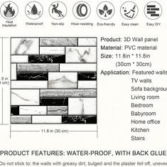 HOME & MARKER® Dekorativní 3D Tapety na zeď - dlaždice, Samolepící tapeta, Samolepky na zeď s mramorovým vzhledem (10 ks, 30x30 cm) | MARBLEBLOCKS