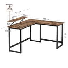 VASAGLE stůl ve tvaru l s podstavcem pro studium, hraní, akce, úspora místa, nastavitelné nohy, kovový rám, nášivky