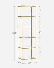 VASAGLE knihovna, 6úrovňový polotovar, štíhlý regál do ložnice, koupelny, domácí kanceláře, tvrzené sklo, ocelový rám, meta