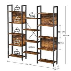 VASAGLE knihovna, police se 14 úložnými policemi, kovový rám, obývací pokoj, pracovna, kancelář, industriální styl, 158 x 24 x 166 cm, rustikální provedení