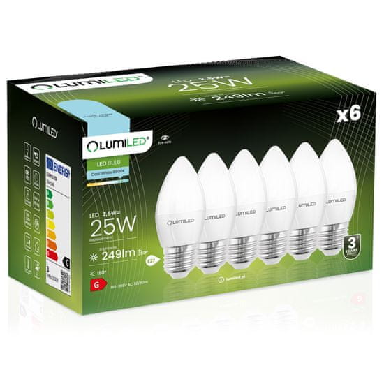 LUMILED 6x LED žárovka E27 B35 2,5W = 25W 249lm 6500K Studená bílá 180°