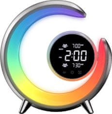 Immax LED noční lampička PEACOCK s hodinami/ RGB světlo/ 20W/ 400lm/ 5V/2,1A/ USB port/ stříbrná