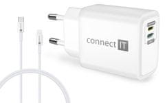 Connect IT Adaptér DUPLEX nabíjecí 1xLightning + 1×USB-C, 20W, kabel 27W, bílý