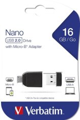 Verbatim 16GB USB 2v1 OTG Flash 2.0 NANO Store'n'Stay s micro USB adaptérem , černý P-blist