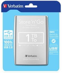 Verbatim HDD 2.5" 1TB USB 3.0 stříbrný , Green Button, externí harddisk Store 'n' Go