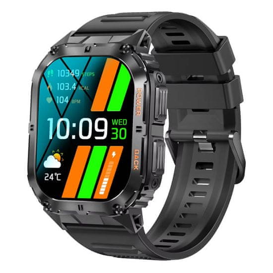 Printwell Chytré hodinky s telefonováním, smart watch v češtině, krokoměrem, oxymetrem, měřením tepu, tlaku, PW-161, černé s černým páskem