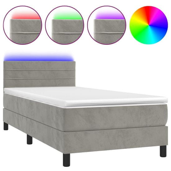 Vidaxl Box spring postel s matrací a LED světle šedá 100x200 cm samet