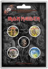 CurePink Set 5 placek - odznaků Iron Maiden: The Faces Of Eddie (průměr 2,5 cm)